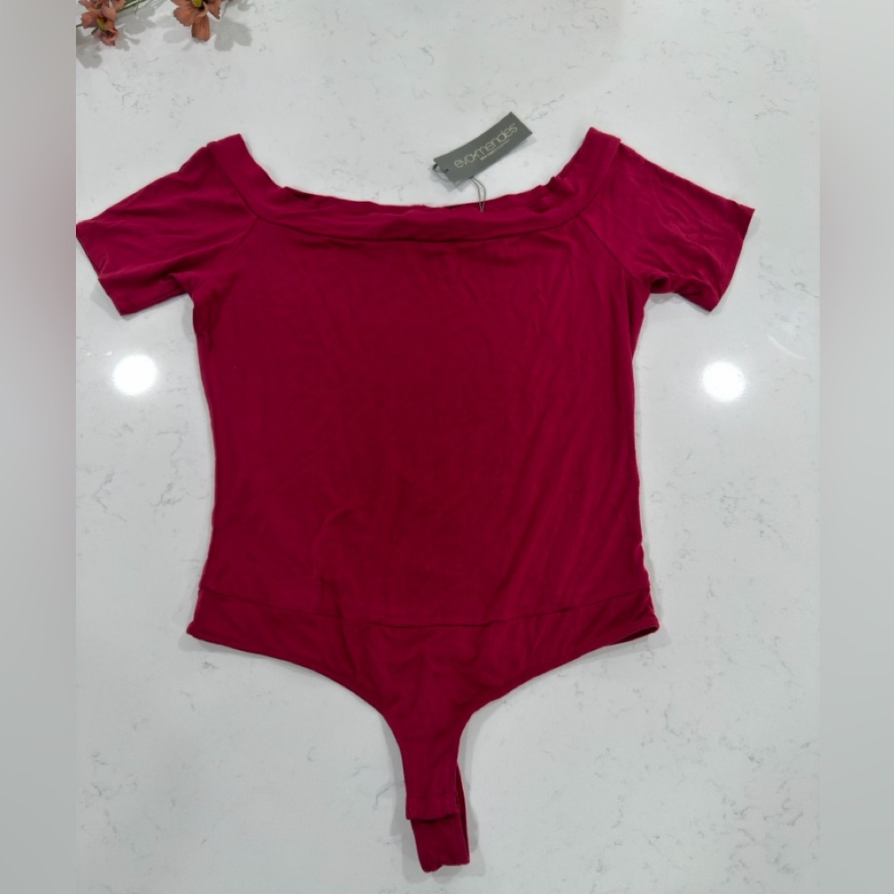 Eva mendez Chic Off-Shoulder Bodysuit in Rich Red burgundy